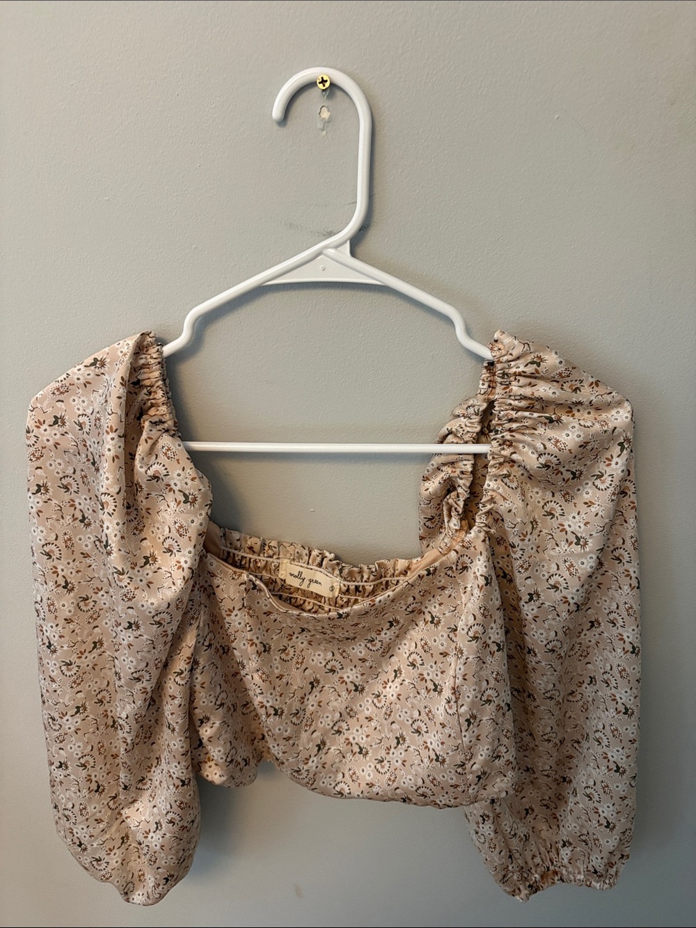 Ditsy Floral Puff-Sleeve Crop Top in Beige